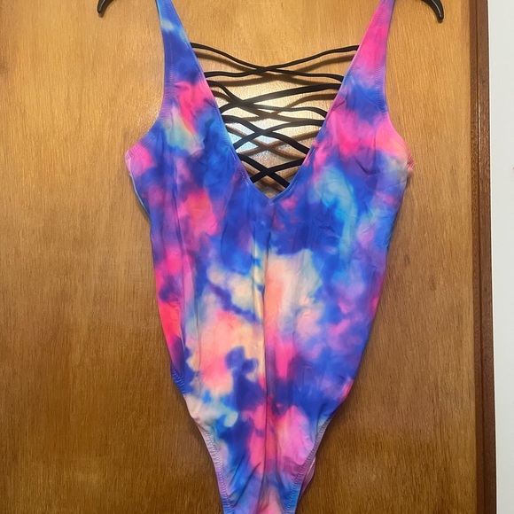 PINK Victoria's Secret Other - PINK Victoria's Secret Pink and Blue Bodysuit with Lace-Up Detail